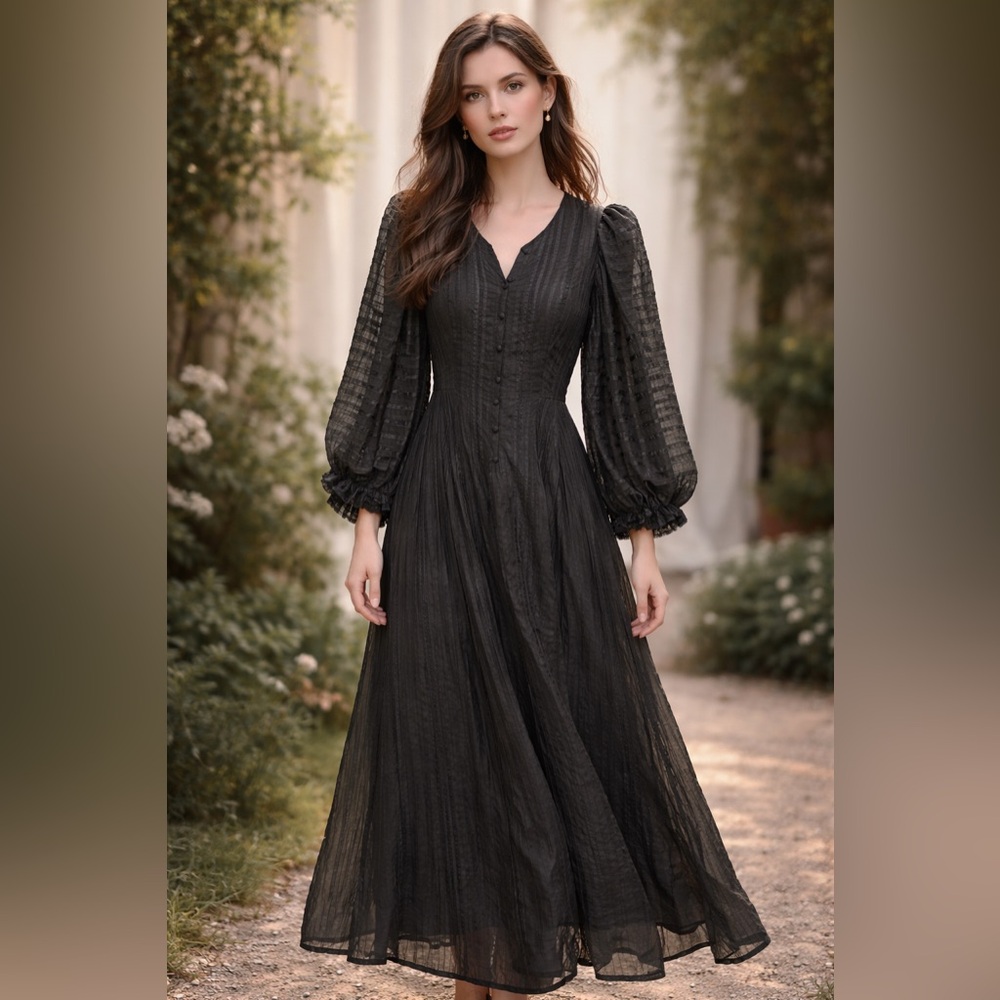 VTG Georgia Charuhas Women’s 100% Cotton Elegant Black Puff-Sleeve Maxi Dress 12